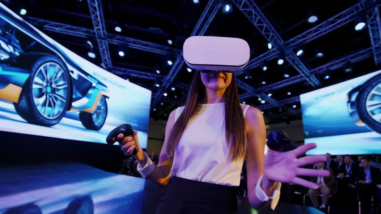 Donna che dimostra la tecnologia di realtà virtuale con un display di auto futuristico a un evento.