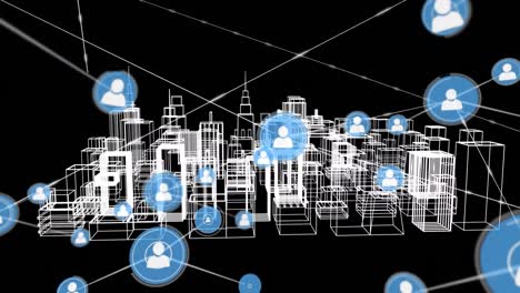 animation of network of connections with icons over 3d architectural drawing of city in background