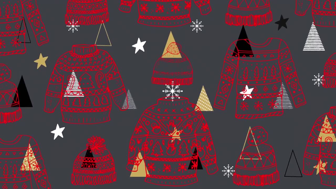 animación de suéter y gorra de navidad repetida sobre árboles de navidad