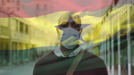 Animation-Der-Flagge-Ghanas,-Die-Während-Der-Covid-19-Pandemie-über-Einem-Mann-Mit-Gesichtsmaske-Weht