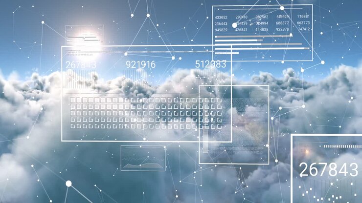 Animation of data processing over clouds background
