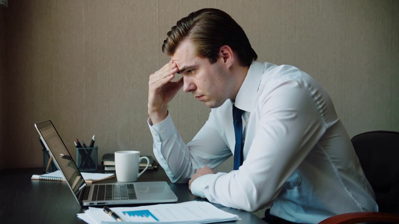 Uomo appoggiato, con camicia bianca e cravatta scura, che guarda accigliato il laptop in ufficio mentre esamina grafici stampati