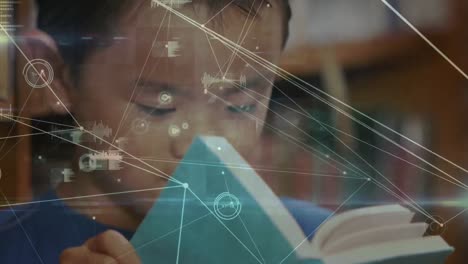 animation of a boy reading a book over a web of connected dots