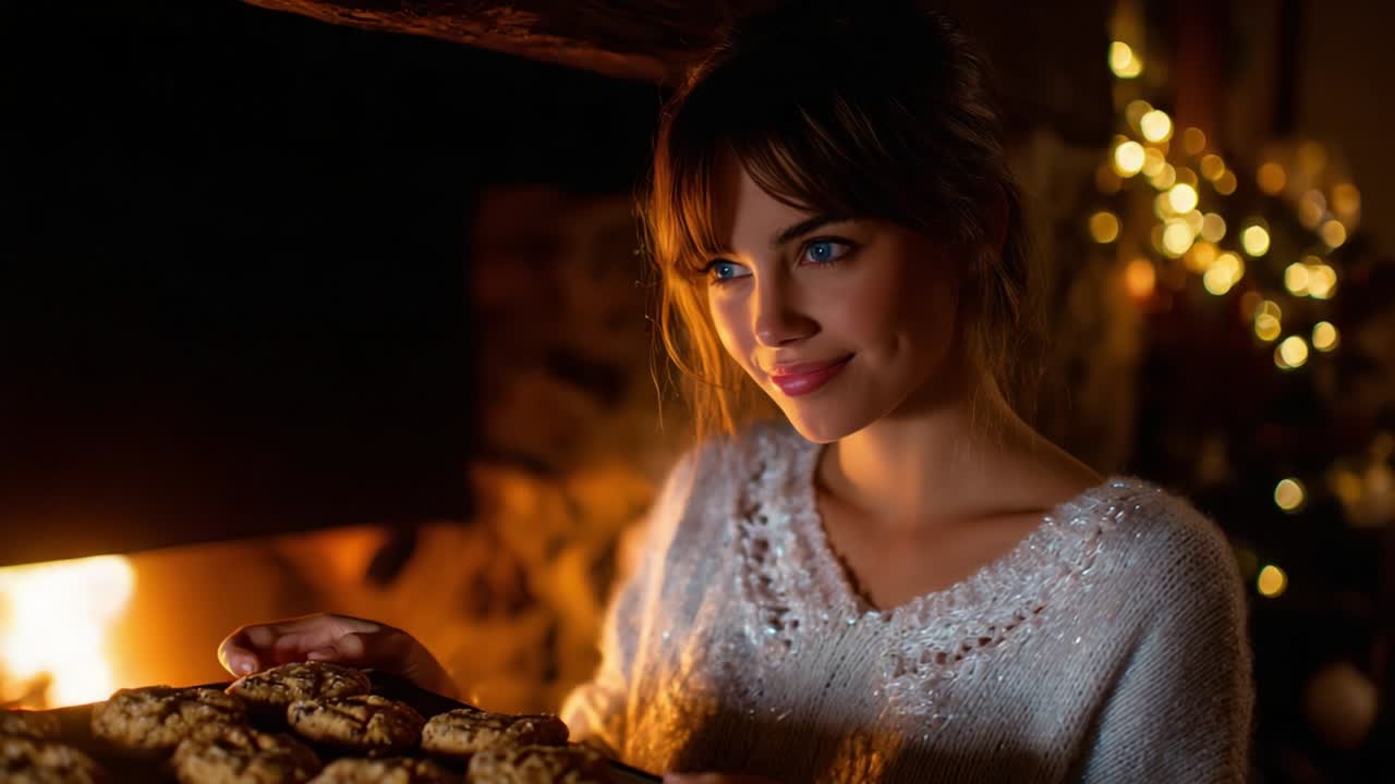 Una donna che presenta con gioia biscotti appena sfornati, sorridendo dolcemente mentre si trova vicino a un caldo camino illuminato da luci scintillanti che evocano un'atmosfera accogliente e festosa, perfetta per le celebrazioni invernali.