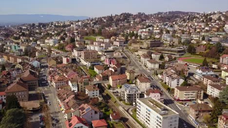 Drone-view-of-Pully,-small-city-next-to-Lausanne,-in-Switzerland