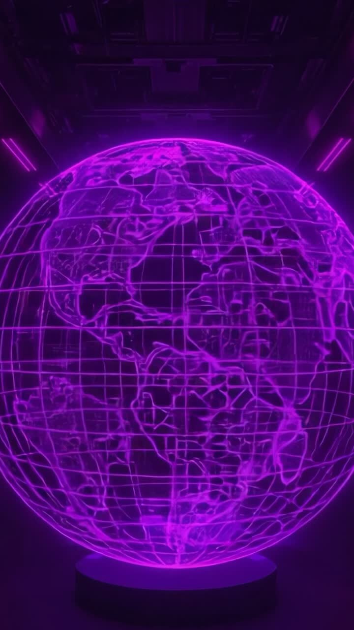 Vertical video: Rotating holographic globe showing continents in neon chamber, triggered by display