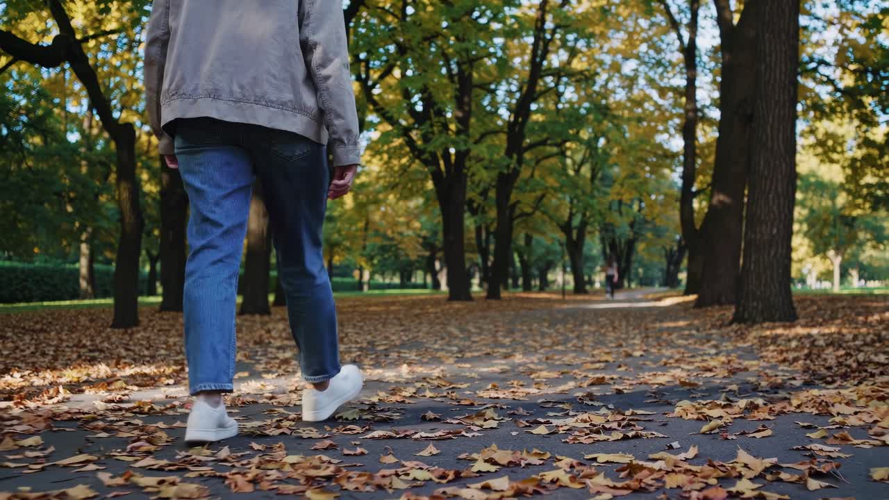 Low-angle video capturing a person walking through a park in autumn, with fallen leaves covering