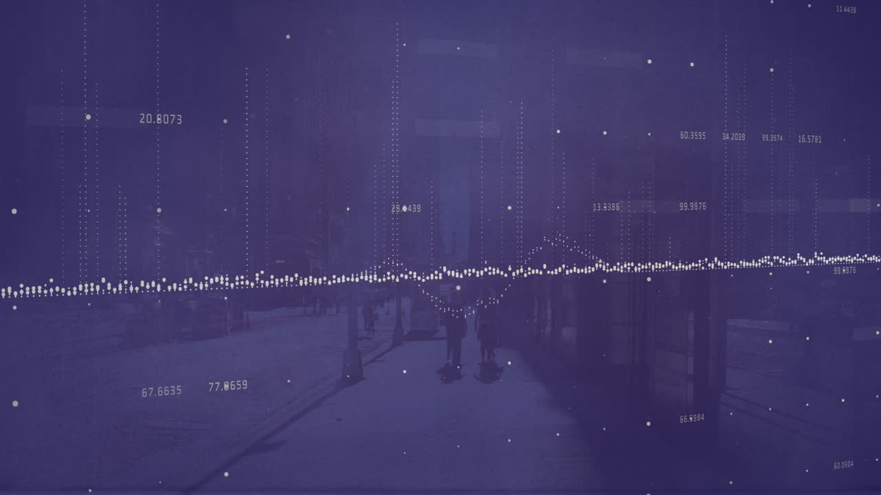 animación de puntos, cambios de números y gráficos sobre personas que caminan por la calle.