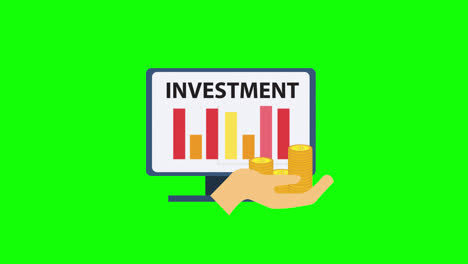 Investment-graph-on-monitor-icon,-Business-growth-chart-coin-on-hand.-loop-animation-with-alpha-channel,-green-screen.