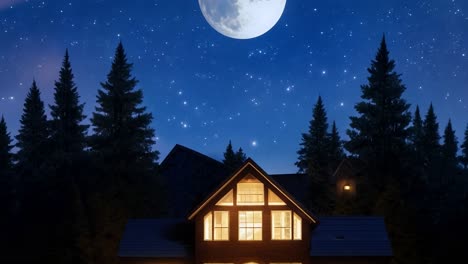 nighttime cabin in the woods