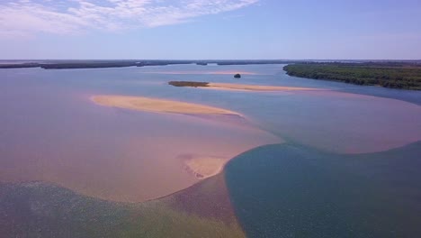 Flight-over-sandbank-in-Parana-River,-South-America,-natural-border-between-Argentina-and-Paraguay