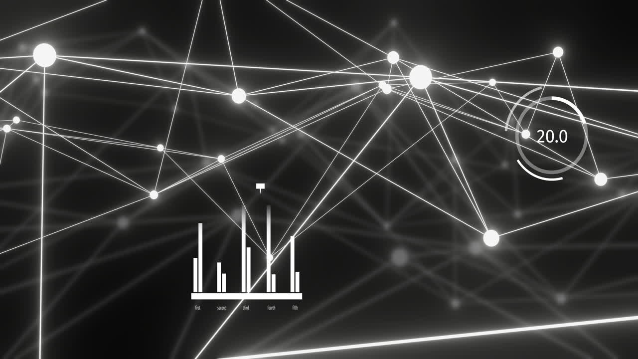 Animation of bright white network and data processing over distant network on black background