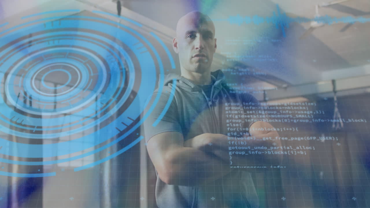 Overlaying digital code and circular blue animation, man standing with crossed arms