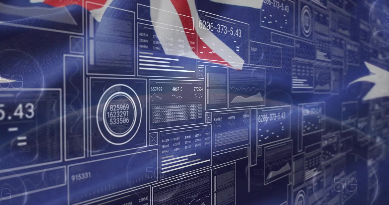 Union Jack che entra da sinistra, sventolando su una griglia, codici che scorrono per la visualizzazione dei dati, una stella che si sposta.