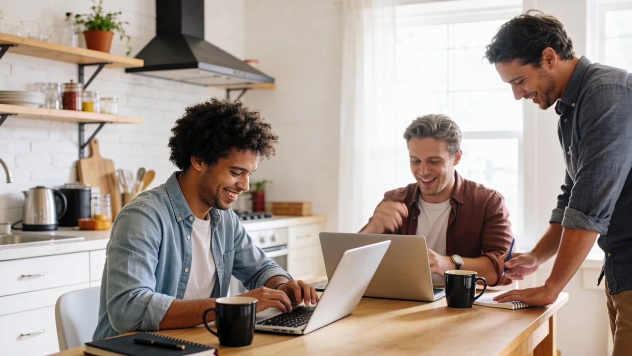 Trois hommes en chemise discutant et démarrant une conversation de projet, tapant, se penchant et se mettant d'accord dans une cuisine avec deux ordinateurs portables.