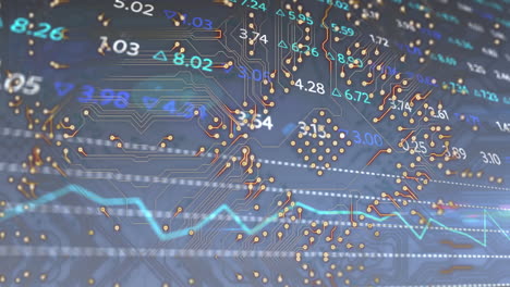 animation of integrated circuit over financial data on blue background