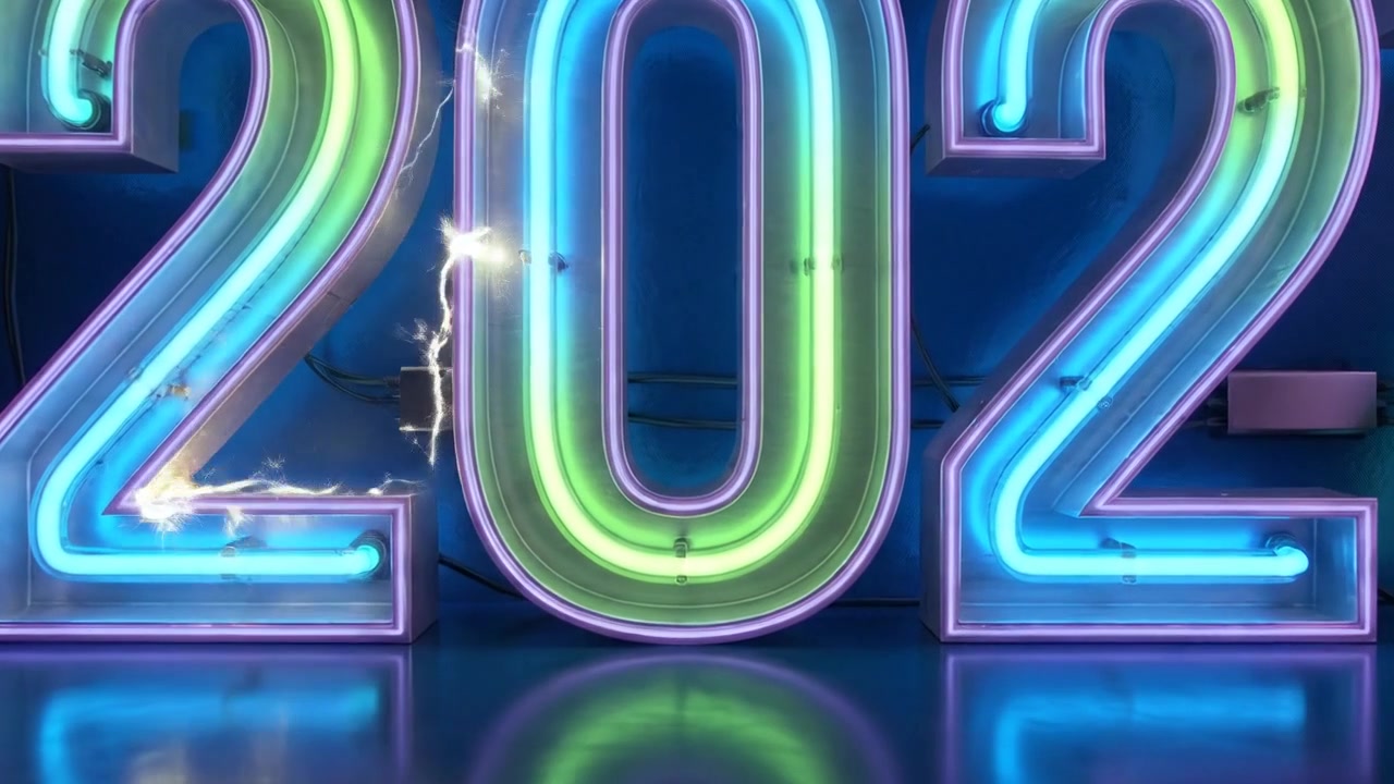Neon 2027 Sign With Electrical Sparks and Flickering Lights
