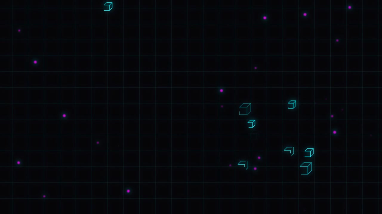 Abstract Digital Background with Floating Neon Cubes and Particles