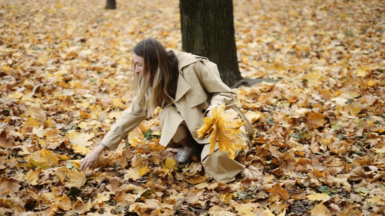 женщина собирает упавшие желтые листья в осеннем парке