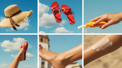 summer vibes: a stylish hat, bright flip-flops, and sunscreen application for a perfect beach day under clear blue skies
