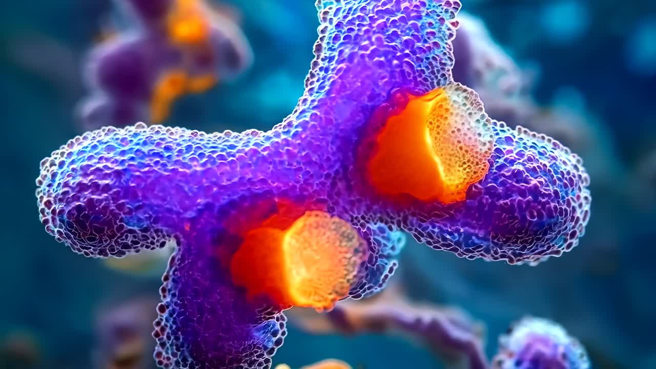 보라색과 오렌지색 박테리아의 클로즈업