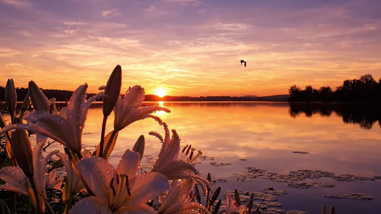 Breathtaking Sunset Over Serene Waters Framed by Dew-Kissed Lilies, Capturing the Essence of Peace and Natural Beauty in a Tranquil Landscape Scene
