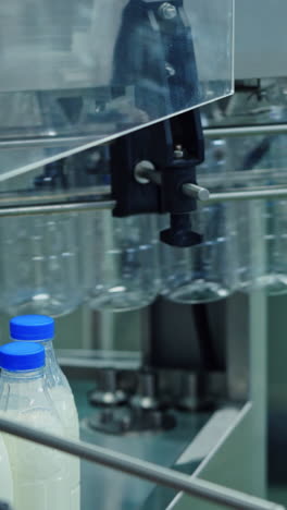 woman turn on a mechanical machine for milk packaging into bottles. automated equipment starts the process of bottling milk on a modernized dairy factory. vertical video