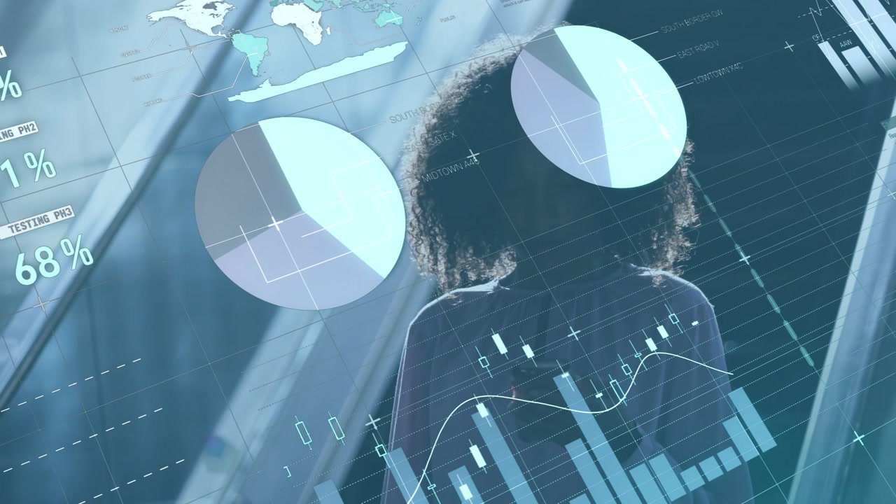 Animation of financial data processing over african american businesswoman using smartphone