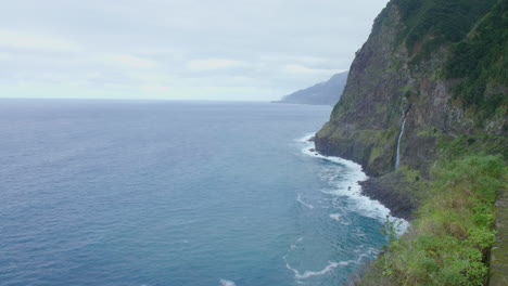 miradouro do véu da noiva madeira waterfall coast line panorama mountain with waves sky ocean, beach