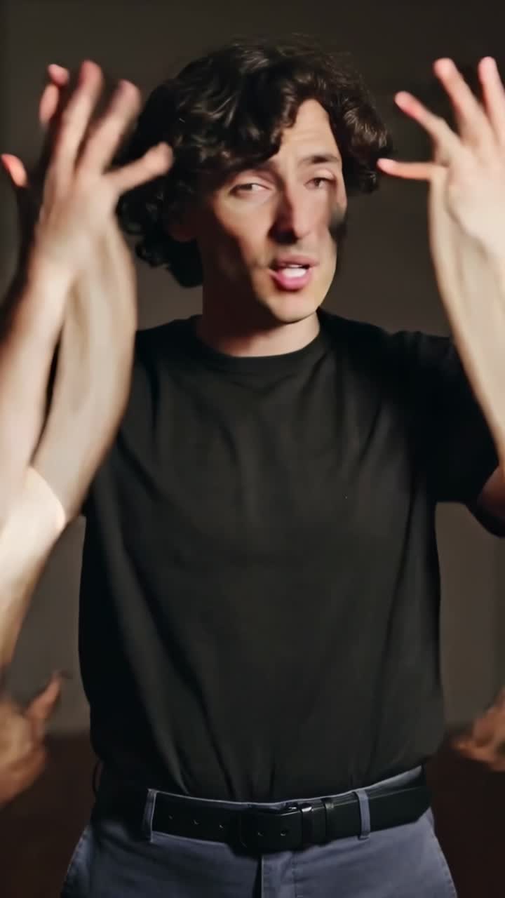 Vertical video: Clapping, man in black tee before dark wall, explaining and making blur trails