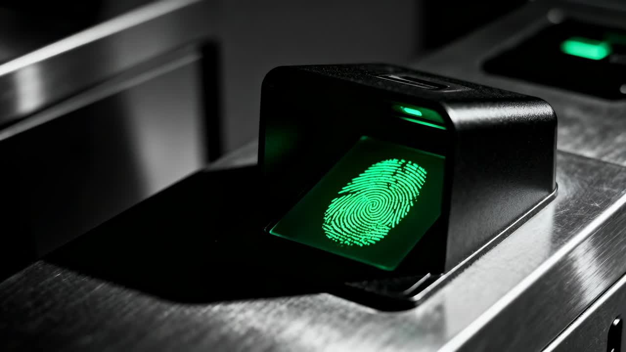 Displaying green fingerprint, scanner showing LED on steel turnstile for gate entry, copy space