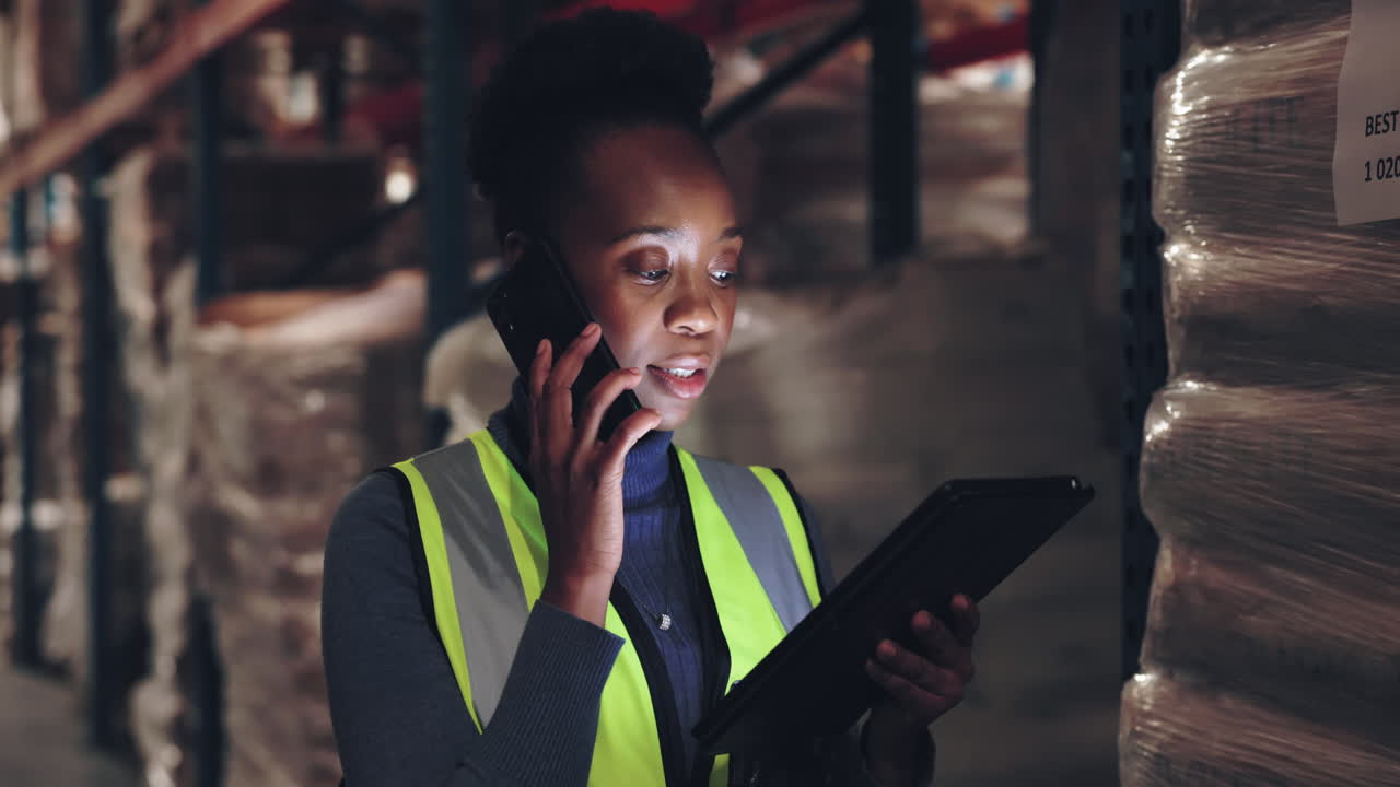 A woman in a warehouse on a phone and tablet