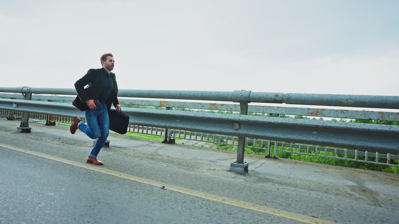 Businessman Running Late on Bridge