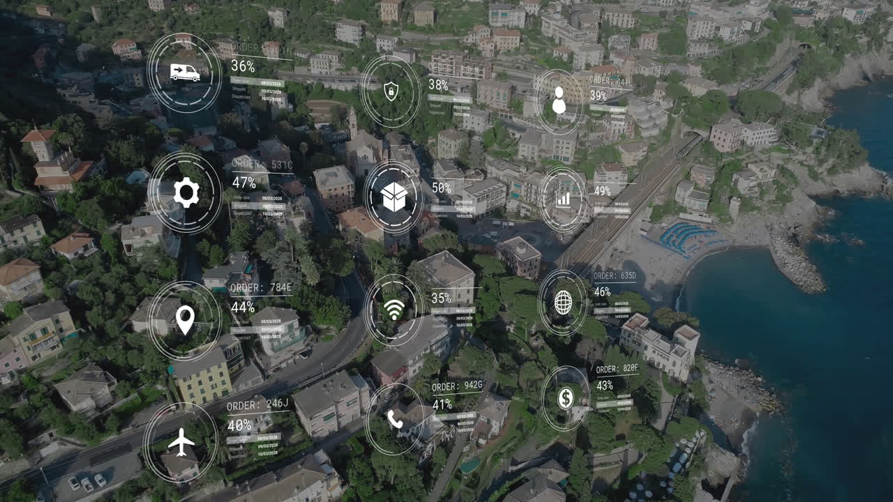 animación del procesamiento de datos con iconos sobre el paisaje urbano