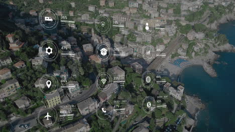 animation of data processing with icons over cityscape