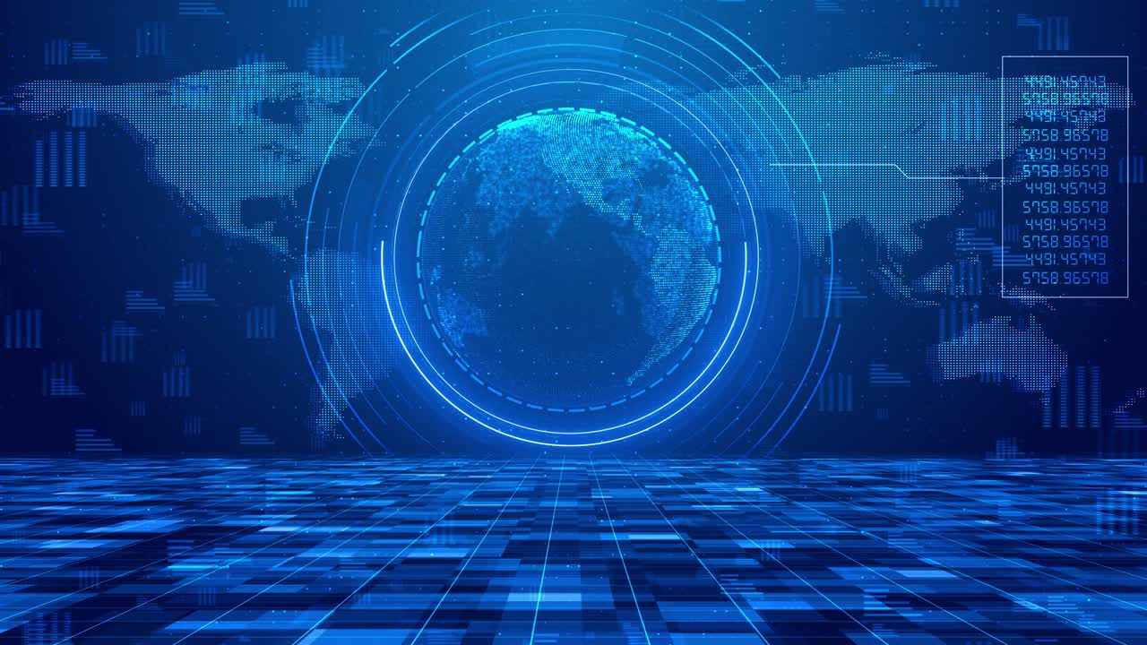 Digital technology world map animation glowing connections world map news studio set blue background