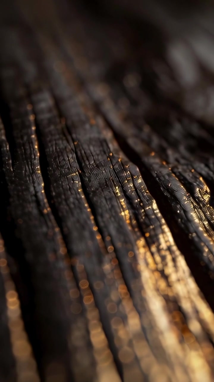 Video verticale: Telecamera in movimento attivata dall'inizio, che si sposta lungo legno carbonizzato, rivelando delle scanalature.