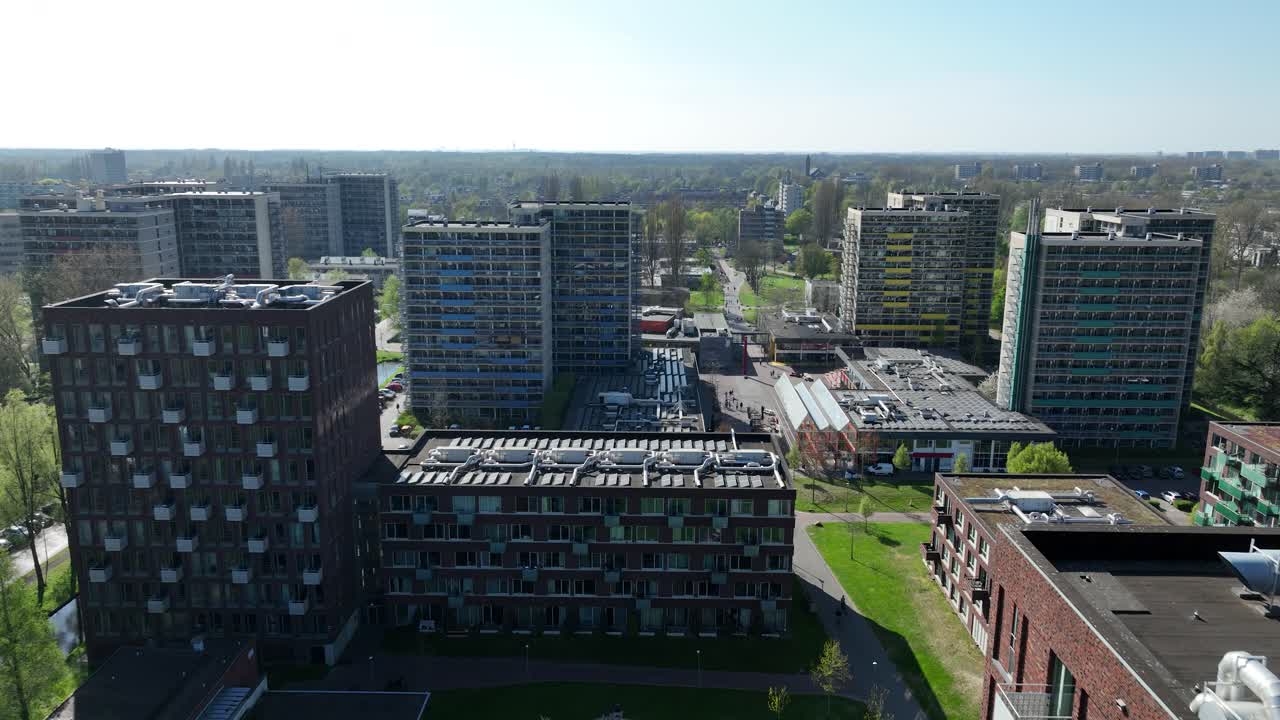 Student housing campus close at university in Amsterdam, Amstelveen, The Netherlands. Uilenstede. Aerial view.