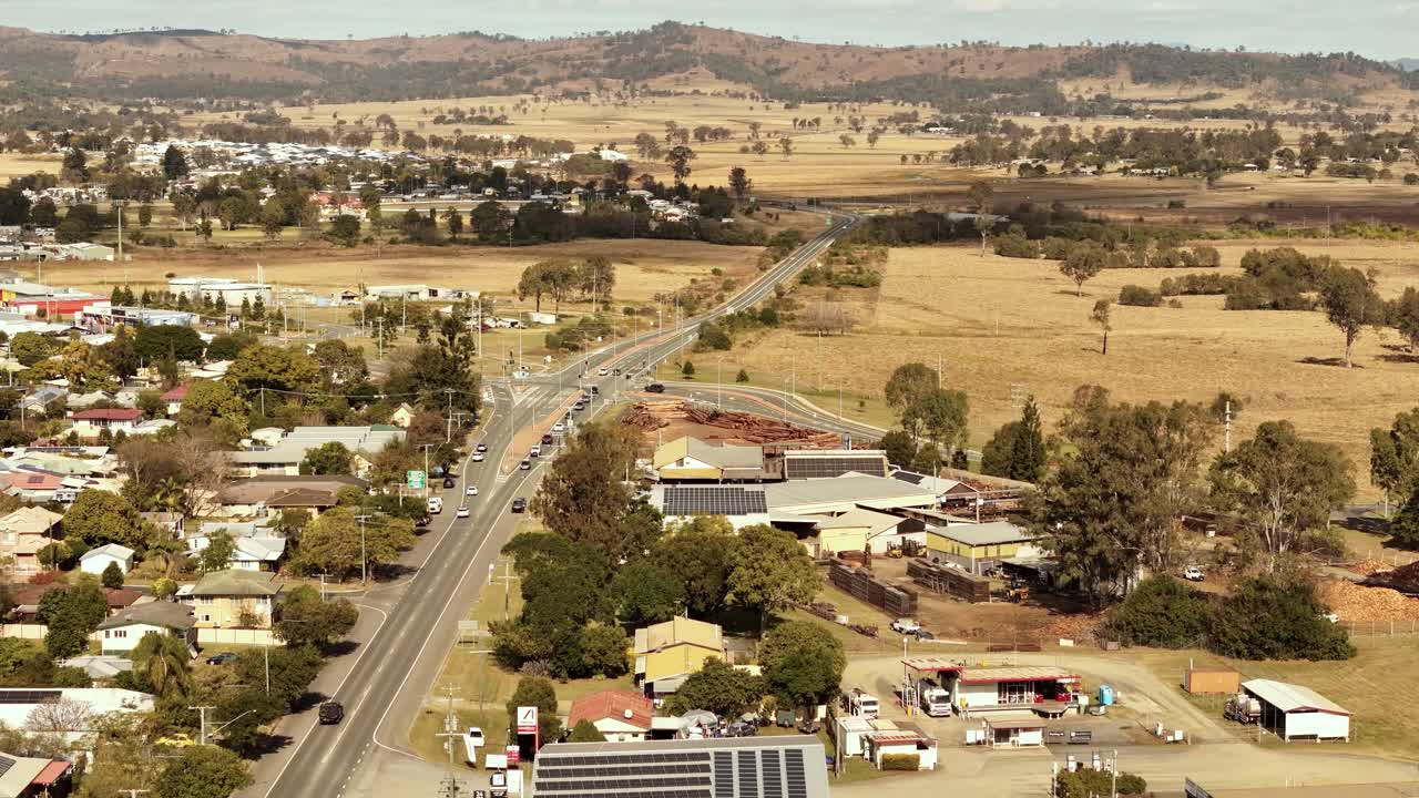 Drone footage looking over the country town of Beaudesert in south east Queensland, Australia