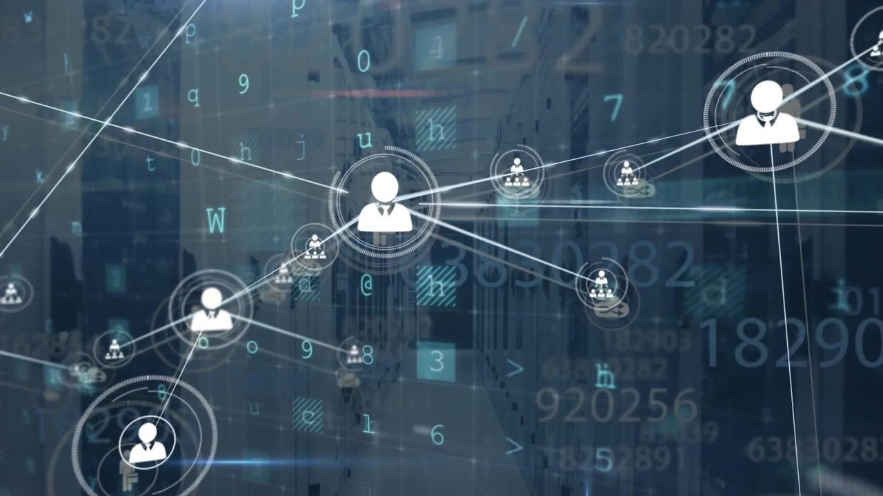 Animation of network of connections with people icons, data processing over computer servers