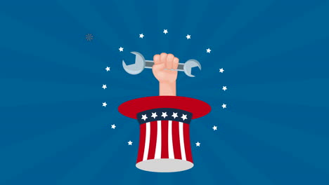 celebración del día del trabajo de los estados unidos con tophat y llave inglesa de elevación de mano