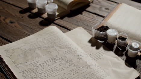 Old Books with Handwritten Maps and Dried Herbs