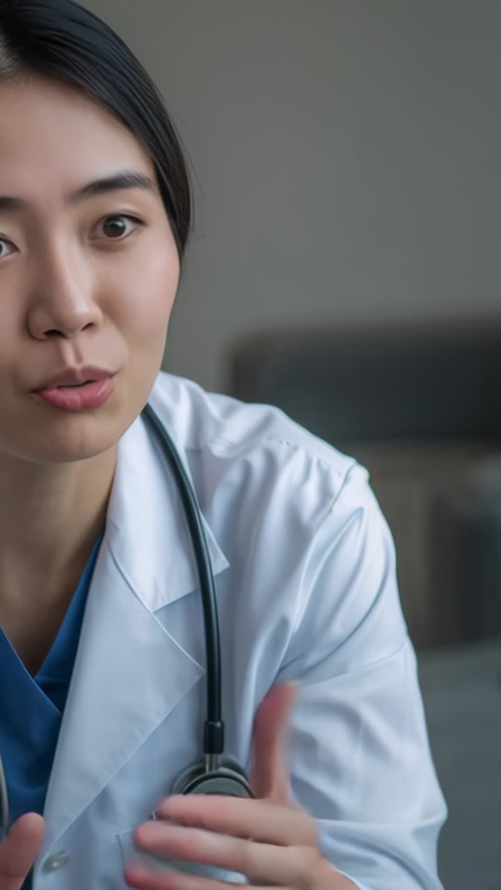Vertical video: Starting explaining by doctor in white coat at clinic with stethoscope, copy space