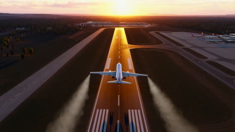 airplane taking off from airport runway at sunset