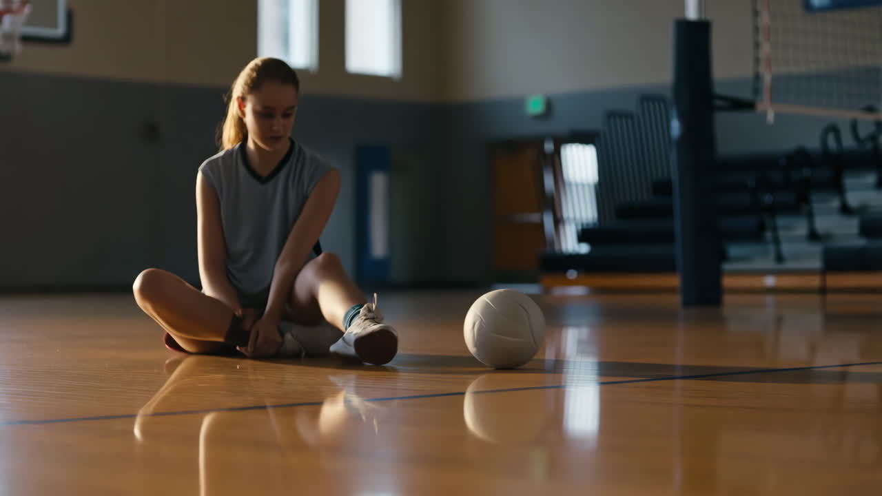 A young athlete sits on a volleyball court with a ball in the foreground