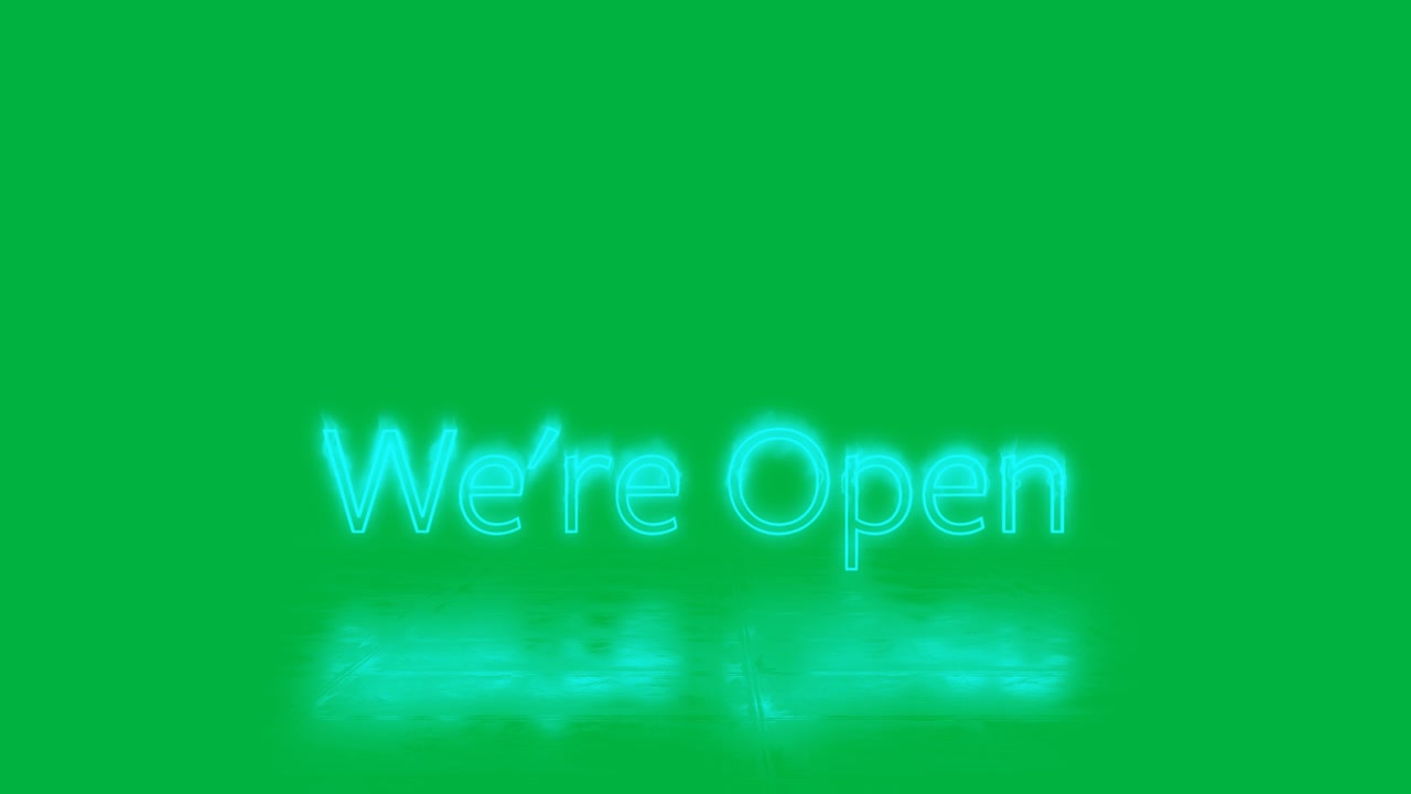 Animation of we're open text in pink neon letters on white background