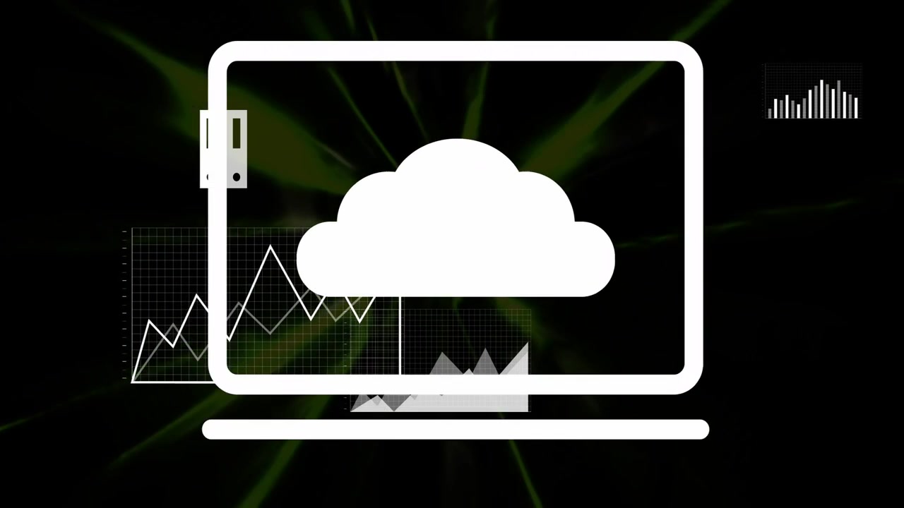 Animating icon set appearing after green tunnel opening, visualizing smartphone laptop charts gears