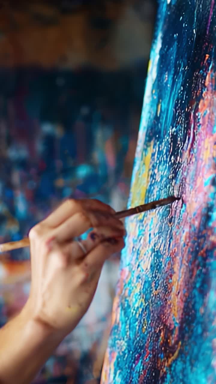 Processo de pintura abstrata vibrante: close-up da mão de um artista aplicando cores vibrantes e texturas a uma tela para uma experiência visual impactante