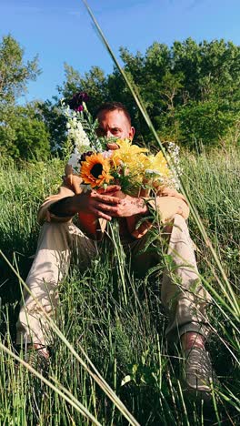 man sitting in a meadow with flowers