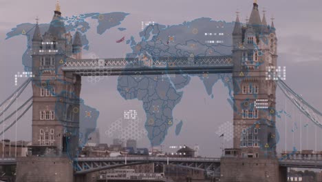 Animation-of-world-map-and-data-processing-over-london-cityscape